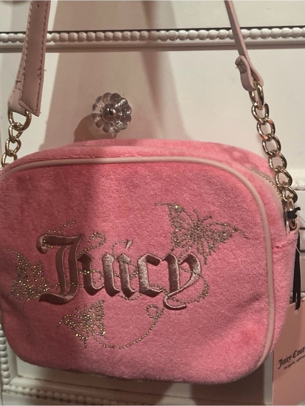 Juicy Couture Pink Velour Crossbody with Glitter Butterfly Embroidery